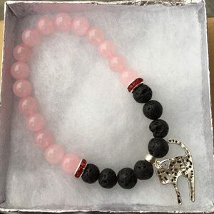 Pink Rose Quartz Black Lava Rock Cat Bracelet